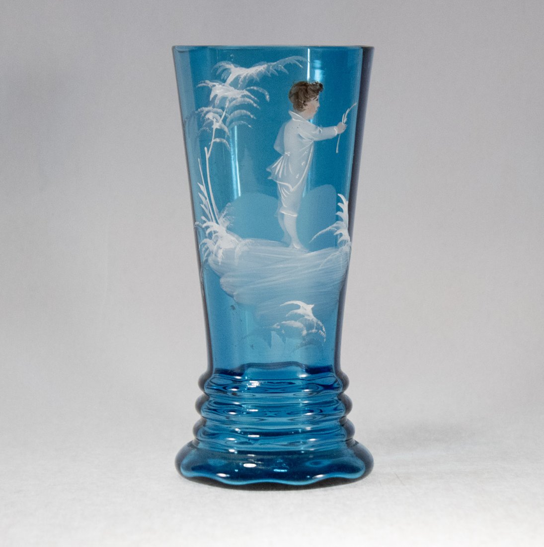 MARY GREGORY Teal Blue Glass Vase Young Boy in White (1 of 2)
