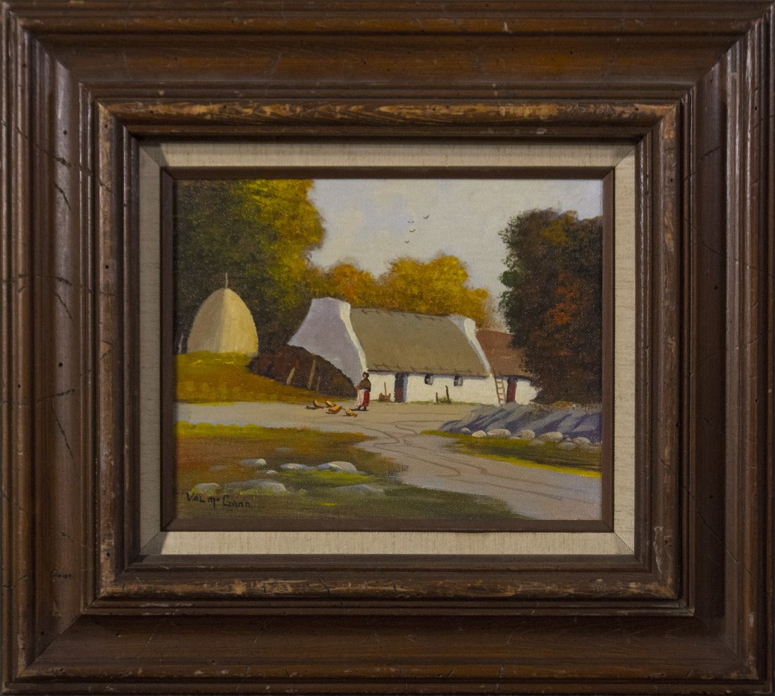 VAL MCGANN 1928-2016 Maine Artist Oil Thatch Roof House: VAL MCGANN 1928-2016 Maine Artist Oil Thatch Roof House.Signed, original frame. Very good condition.Size: 8 x 10, outside of frame edge: 16 x 18 inchesBiography from ASKart:Val McGann studied at the N