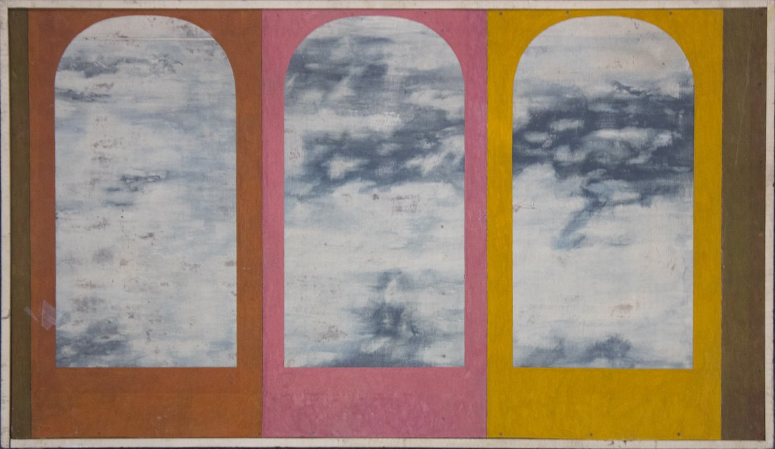 RENE MAGRITTE Attributed SURREALISM CLOUDS IN WINDOWS: RENE MAGRITTE Attributed OIL ON BOARD SURREALISM CLOUDS IN WINDOWS, unsigned. Very good condition. Size:25 x 43 , 2.5 thick frame