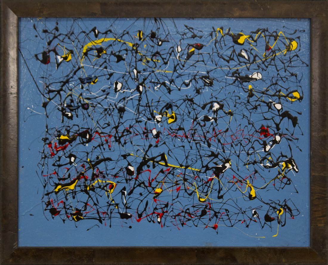 MID CENTURY MODERN DRIP ART ABSTRACT PAINTING BLUE (1 of 1)