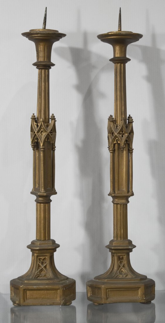 Pair AMERICAN GOTHIC REVIVAL CARVED WOOD CANDLE HOLDERS (1 of 5)