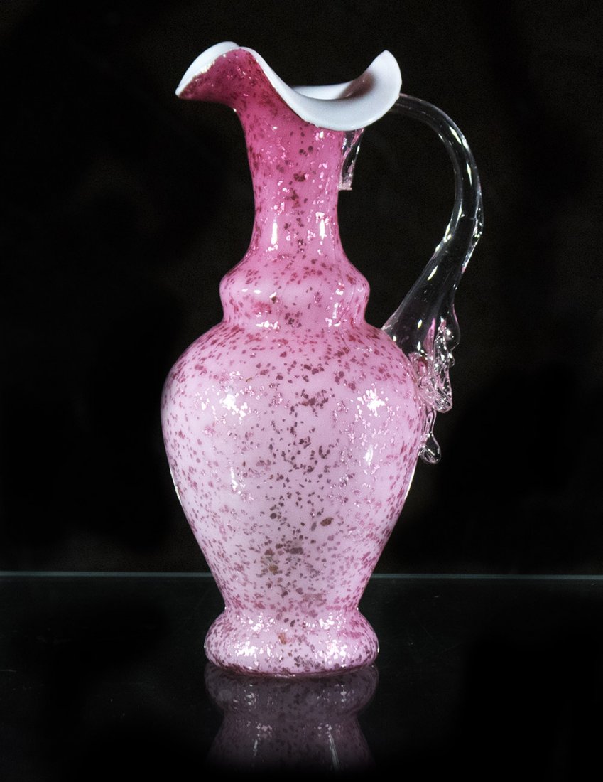 WILLIAMS AND STEVENS PINK OVERSHOT GLASS EWER (1 of 3)