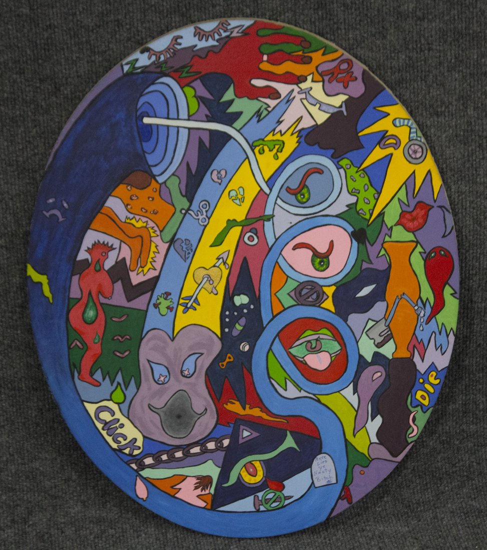 POP ART COLORFUL OIL/C, Titled HE LIES YE NASTY BITCH: POP ART COLORFUL OIL/C, Titled HE LIES YE NASTY BITCH.Signed with artist's initials, artist name unknown.Very good condition. Oval oil on canvas.Size: 20 x 16 inches