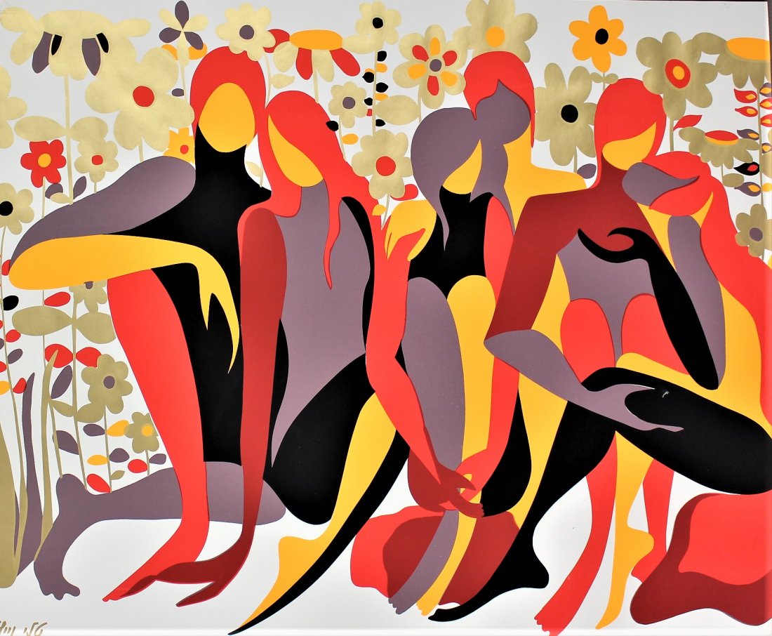 MID-CENTURY MODERN 1956 SILKSCREEN FIGURES IN GARDEN (1 of 5)