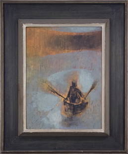 SI LEWEN Listed American Polish Artist OIL/b BOATMAN: SI LEWEN Listed American Polish Artist OIL/b BOATMAN.Signed lower left under the frame lip, titled on back, original frame.Size: 20 x 15, outside of frame edge: 30 x 25