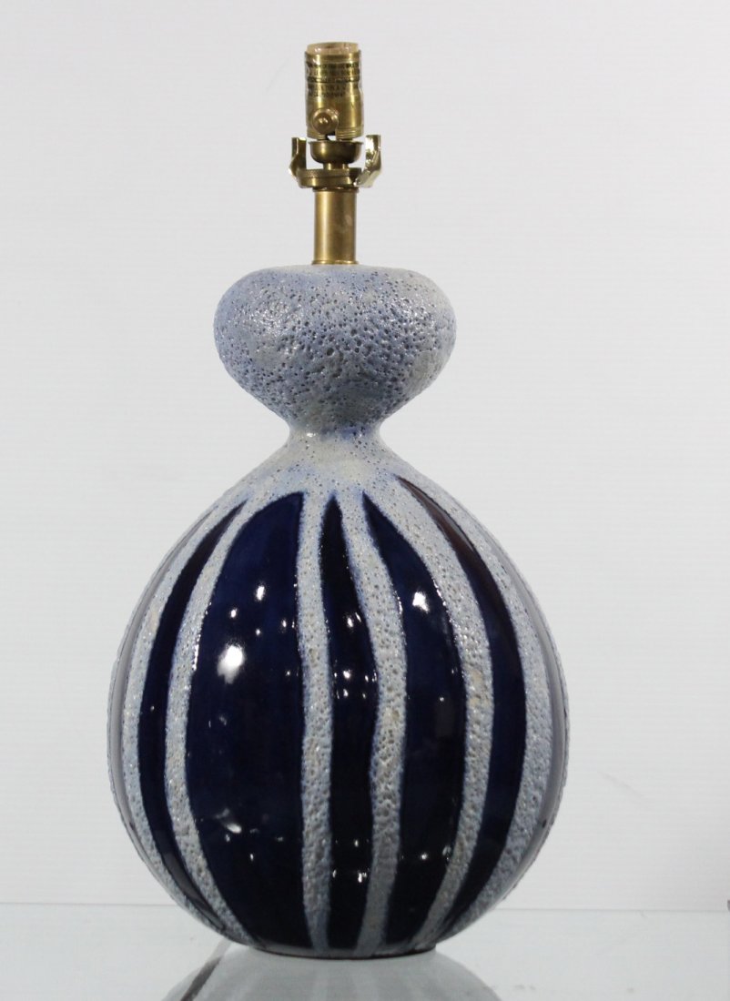 Mid Century Design BULBOUS BLUE CERAMIC TABLE LAMP (1 of 4)