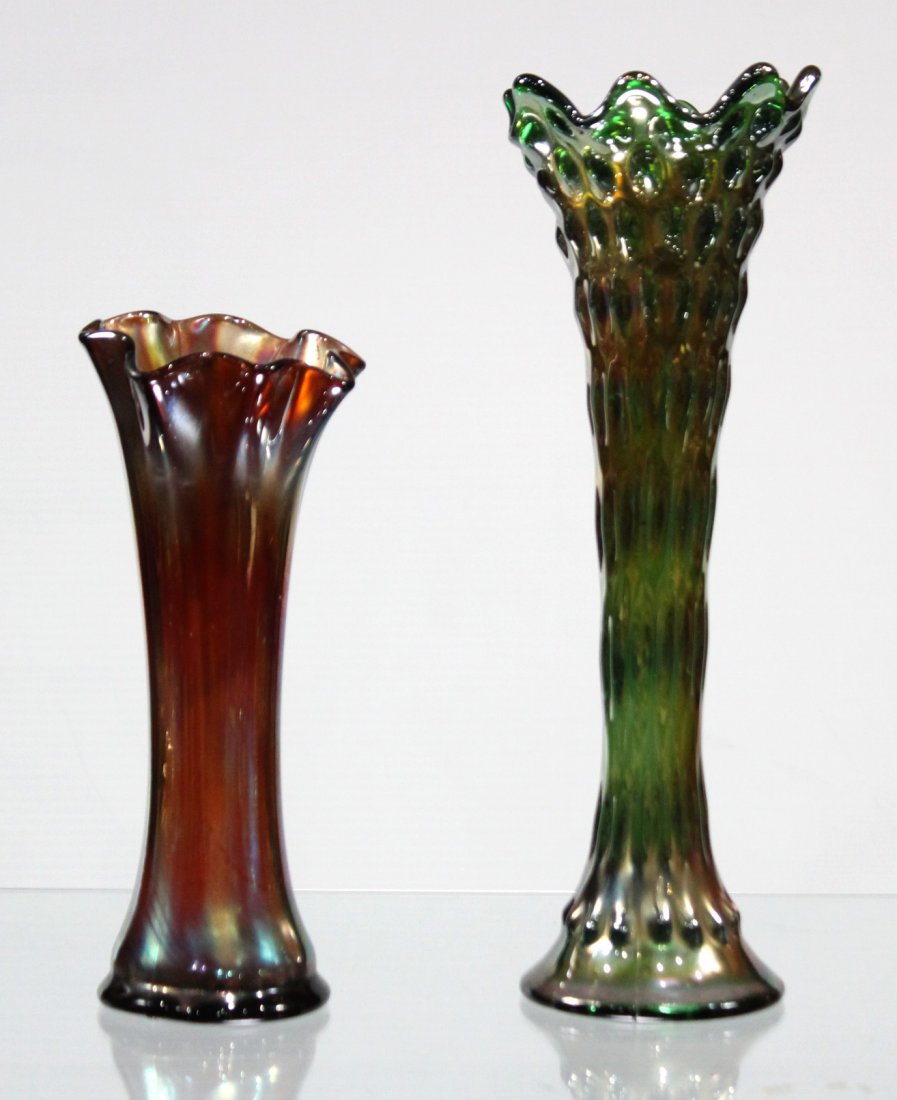 TWO [2] FENTON CARNIVAL GLASS TALL FLUTED TOP VASES