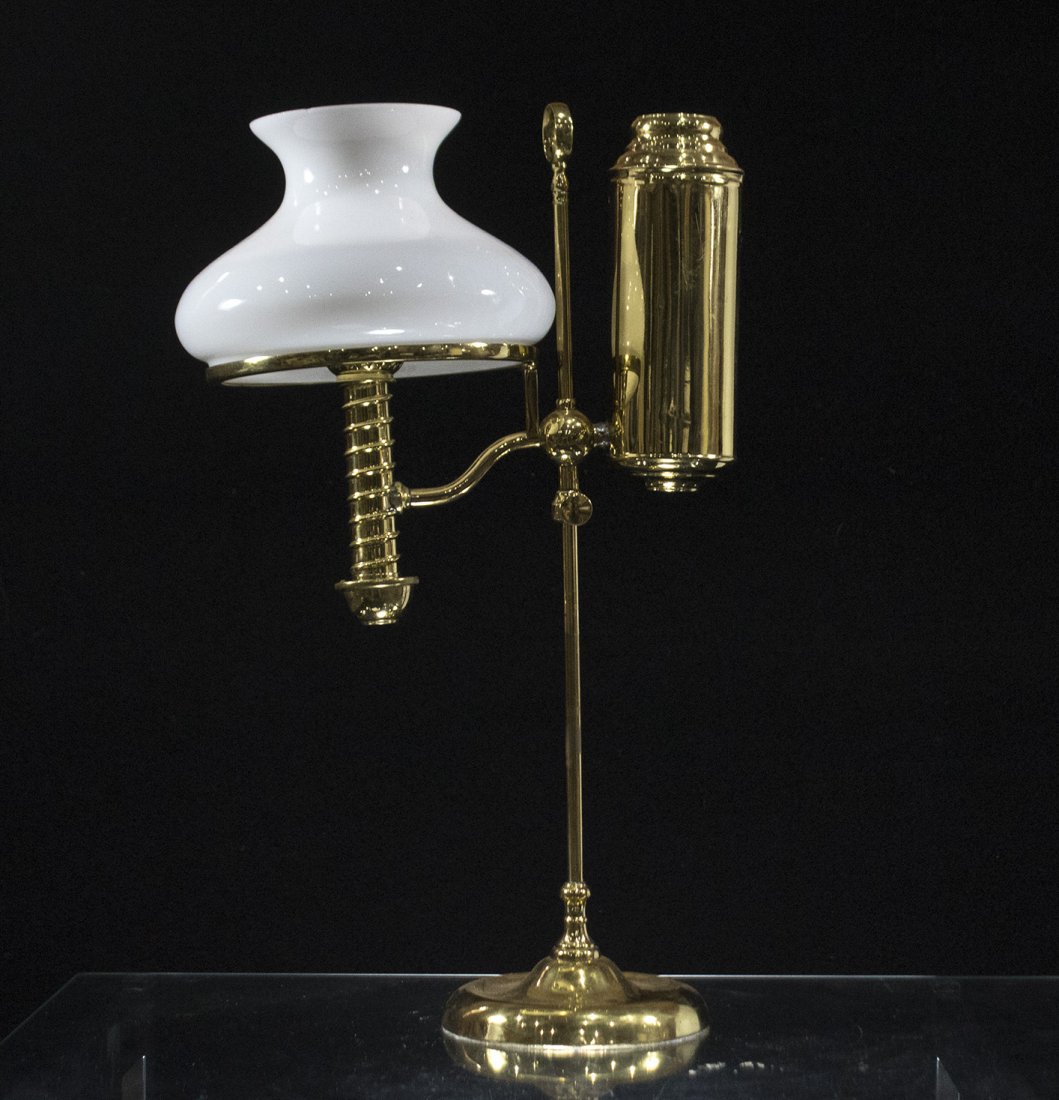 BRASS STUDENT LAMP WITH WHITE GLASS SHADE Electrified (1 of 7)