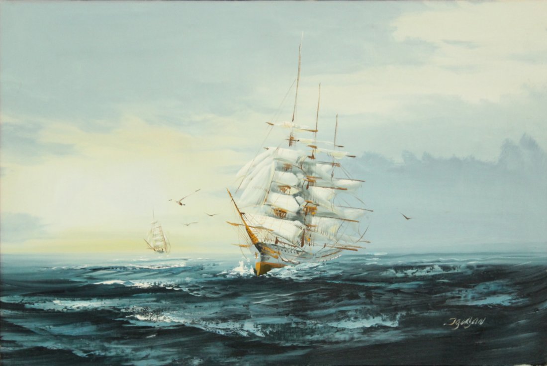 JAUGAN OIl/c Painting, Clipper Ship On Seas, Signed (1 of 4)