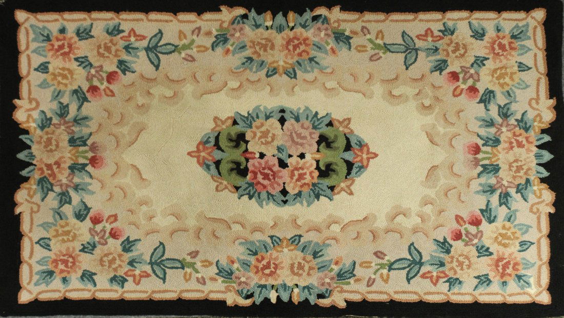 HOOKED RUG - FLORAL BORDER AND FLORAL CENTER - Clean (1 of 3)