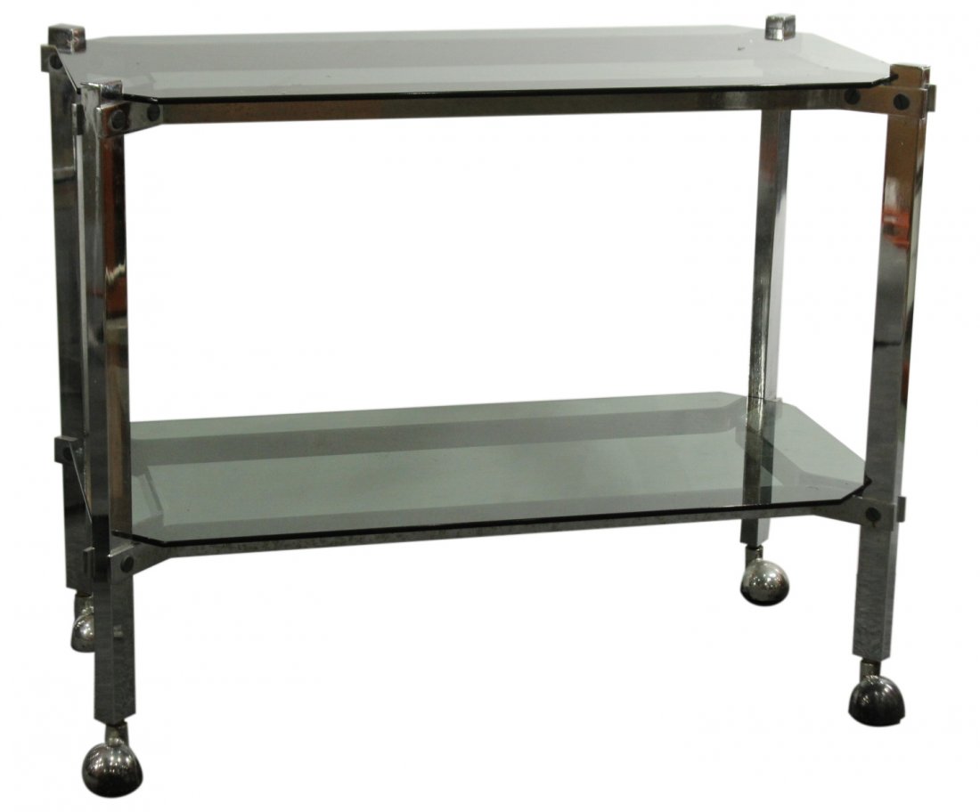 MID CENTURY CHROME AND GLASS TOP STAND ON WHEELS (1 of 5)