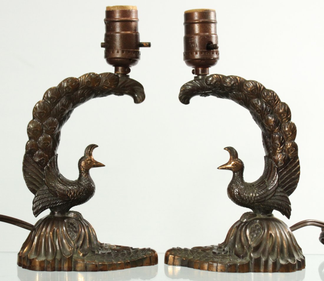 Pair Mid Century ART DECO PEACOCK Metal BOUDOIR LAMPS (1 of 5)