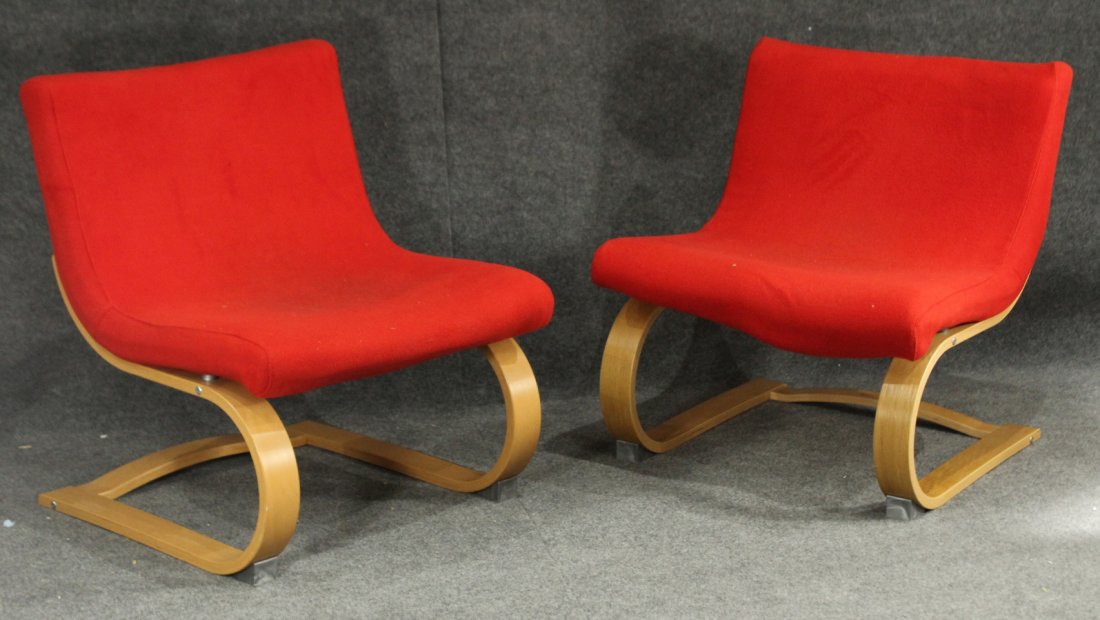 Pair MID CENTURY DESIGN BENT PLY RED UPHOLSTERED CHAIRS (1 of 5)