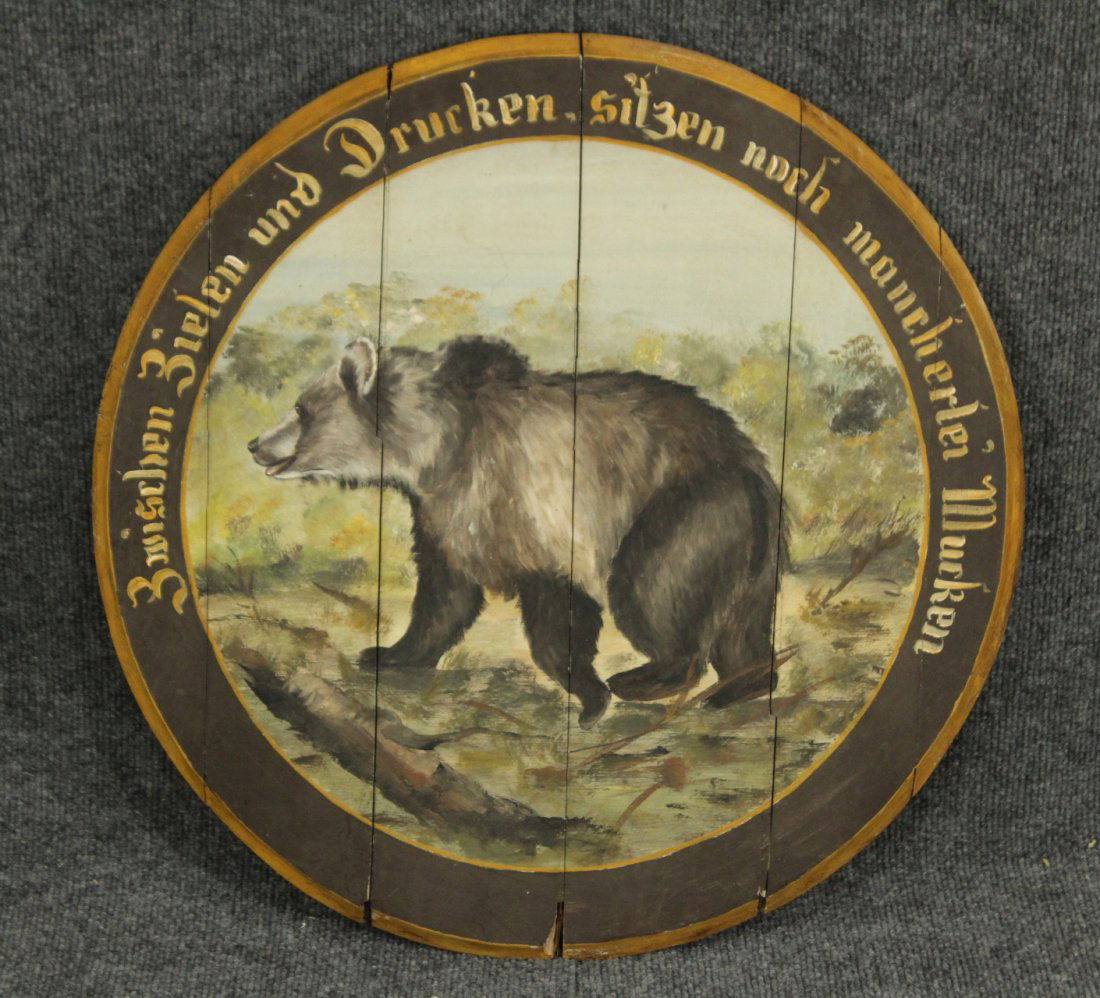 GERMAN HAND PAINTED WOOD BARREL TOP WITH BEAR (1 of 5)