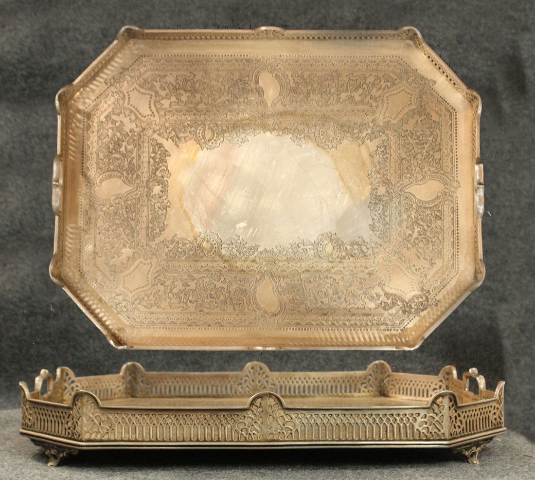 Large Antique FANCY INCISED SILVER PLATE SERVING TRAY (1 of 7)