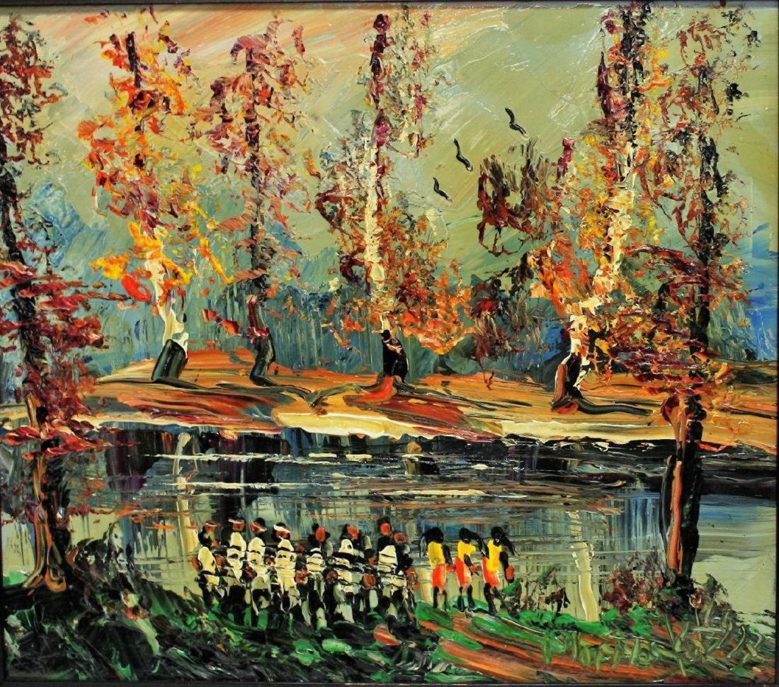 MORRIS KATZ Listed Jewish American FIGURES CATSKILLS: MORRIS KATZ Listed Jewish American FIGURES IN THE CATSKILLS WITH RIVER STREAM. Acrylic on board. Stream in the Catskills. Signed l.r. dated 1977; 18in. X 23in and framed.