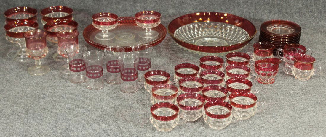 Large set of cranberry depression glass cut to clear (1 of 10)