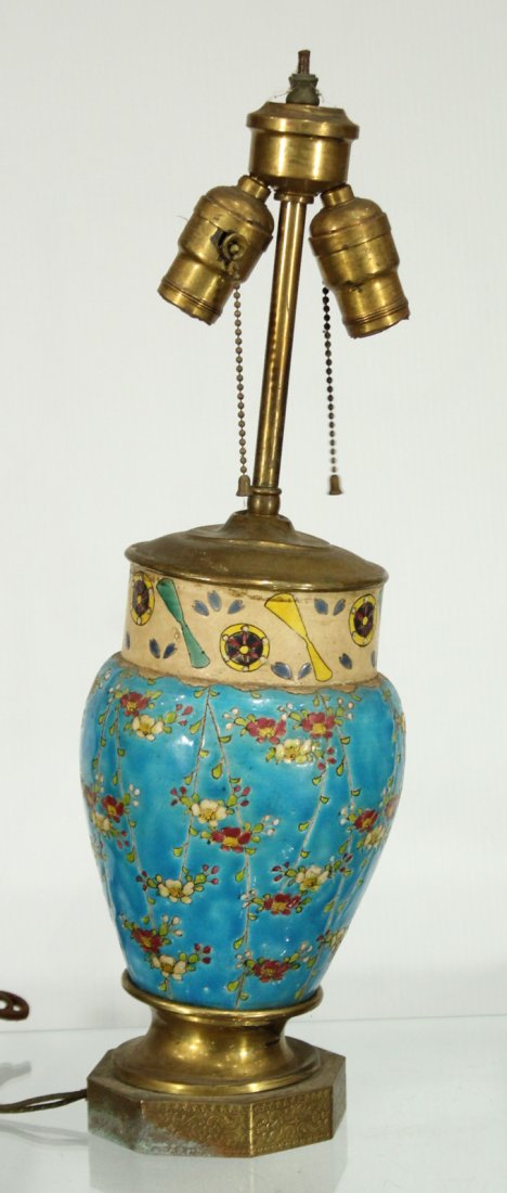 Antique BLUE GLAZED CERAMIC VASE Made Into Lamp (1 of 4)
