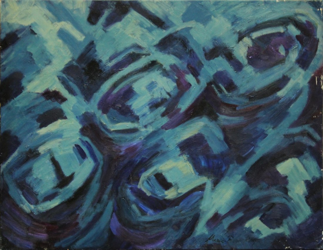 MARIE ROSE KEMP, Large Oil/c BLUE MID CENTURY ABSTRACT (1 of 4)