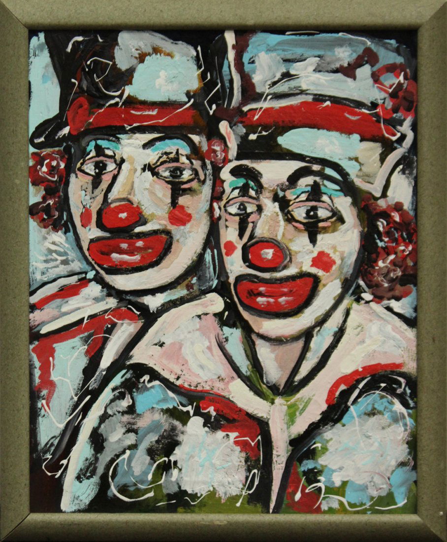 MID CENTURY MODERN Oil/c PORTRAIT OF 2 CLOWNS (1 of 2)