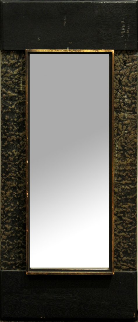 Mid Century Design Hanging Mirror Metal Side Panels: Mid Century Design Hanging Mirror Metal Side Panels.Side metal panels are hand hammered, black wood frame.Size: 36 x 16