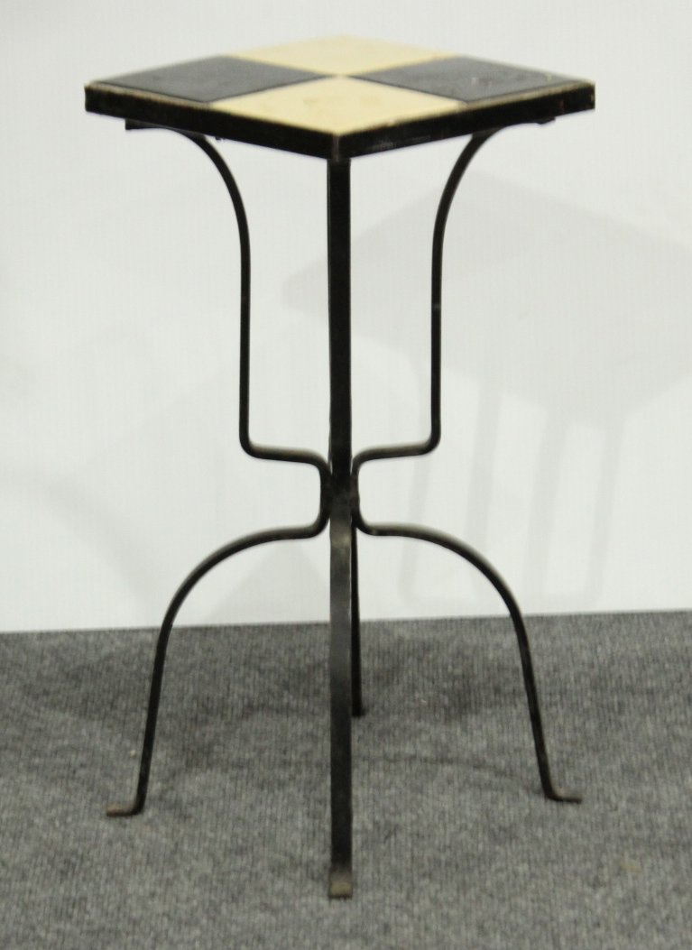 MID CENTURY IRON BASE BLACK AND WHITE TILE TOP STAND (1 of 3)