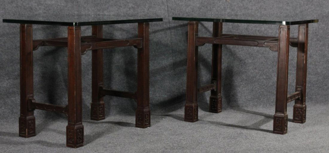 Pair ASIAN MODERN TEAK END STANDS WITH THICK GLASS TOPS (1 of 5)