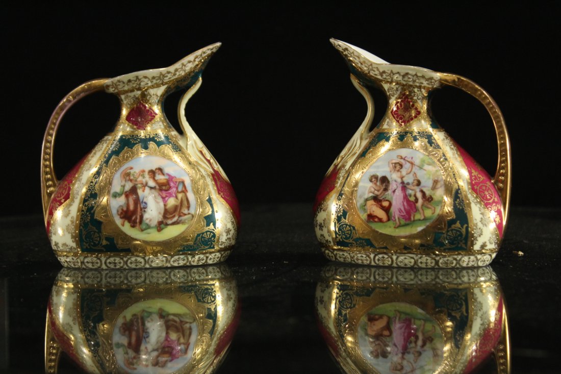 Pair ROYAL VIENNA Blue Beehive Mark ORNATE PITCHERS (1 of 4)