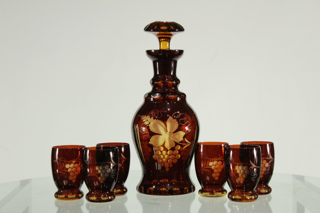 7-Piece BOHEMIAN DARK AMBER GLASS DECANTER SET (1 of 9)