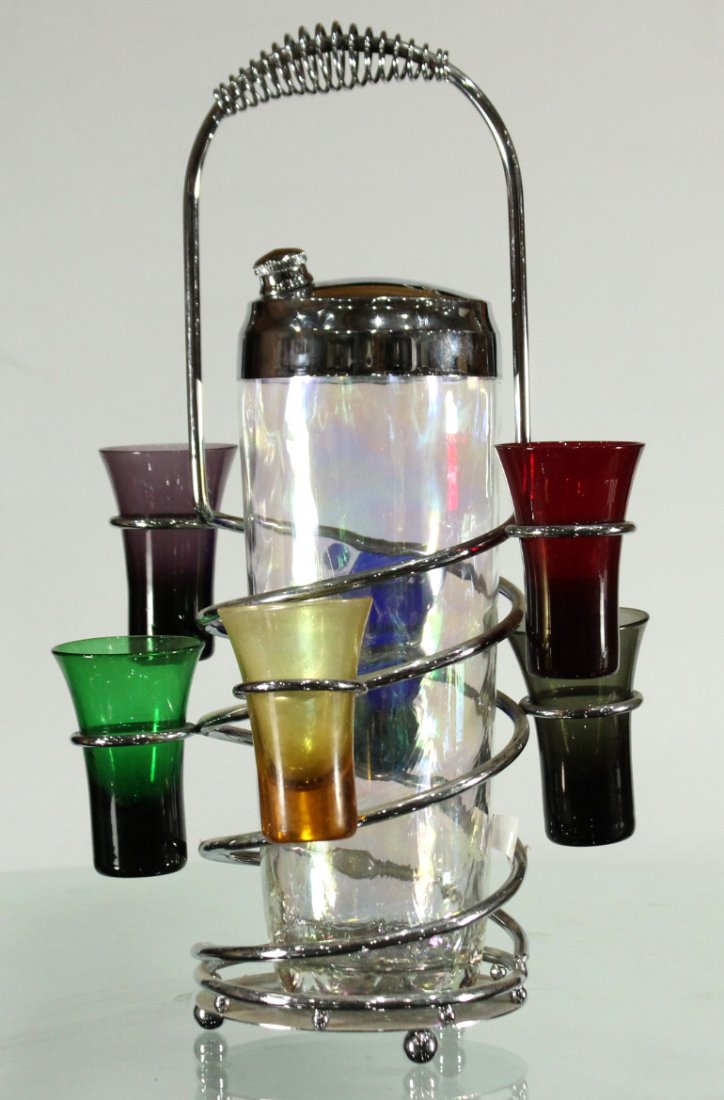 Mid-century modern chrome and stain glass set: Mid-century modern chrome and stain glass set with shot glasses and cocktail shaker/vodka dispenser Size , 3.5 h , 14 h