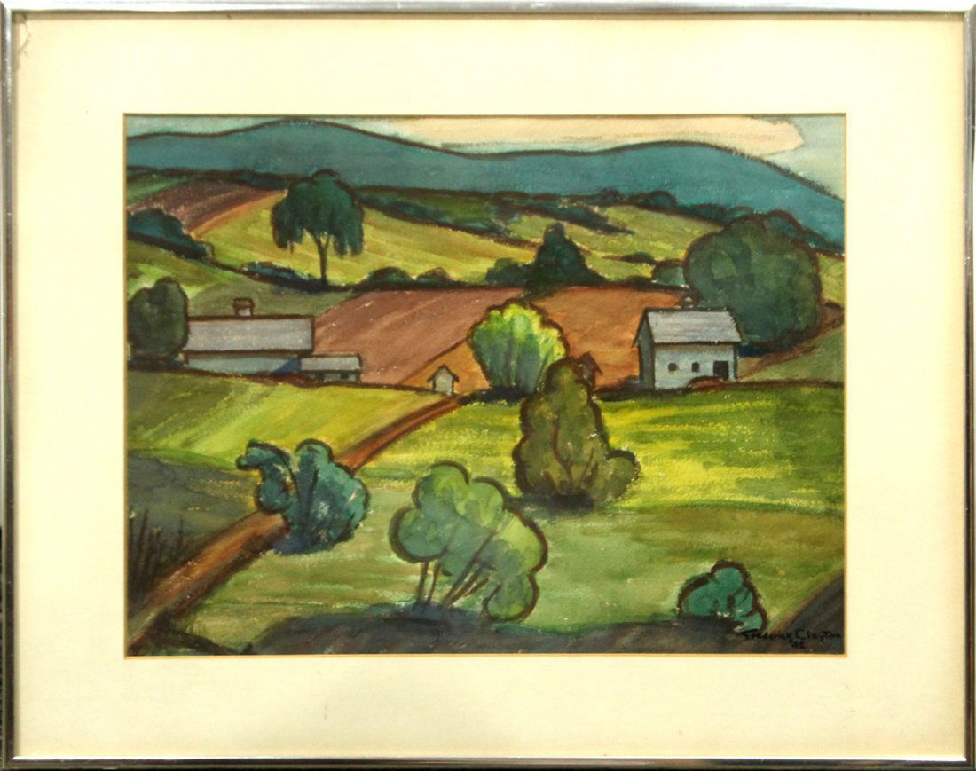 1942 Frederick Clayton watercolor painting Farm scene (1 of 3)