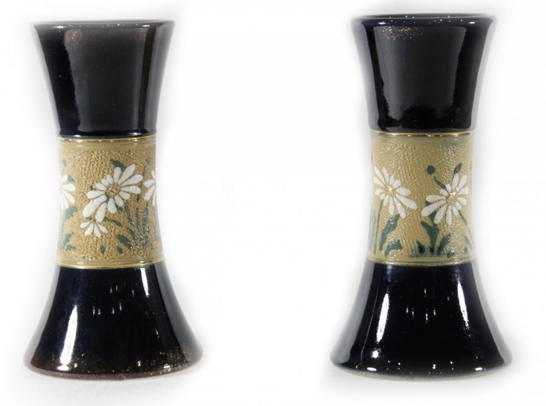 Pair Mid Century Cobalt Glazed Ceramic Vase Floral Band (1 of 4)