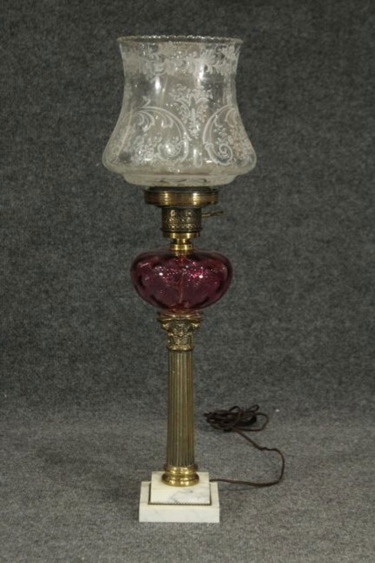 Cranberry Glass Font Brass Column HURRICANE LAMP (1 of 8)