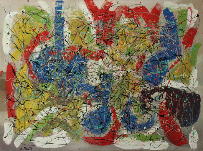 R. MONTI Mid Century Oil/c DRIP ART OVER COLOR ABSTRACT Apr 29, 2018