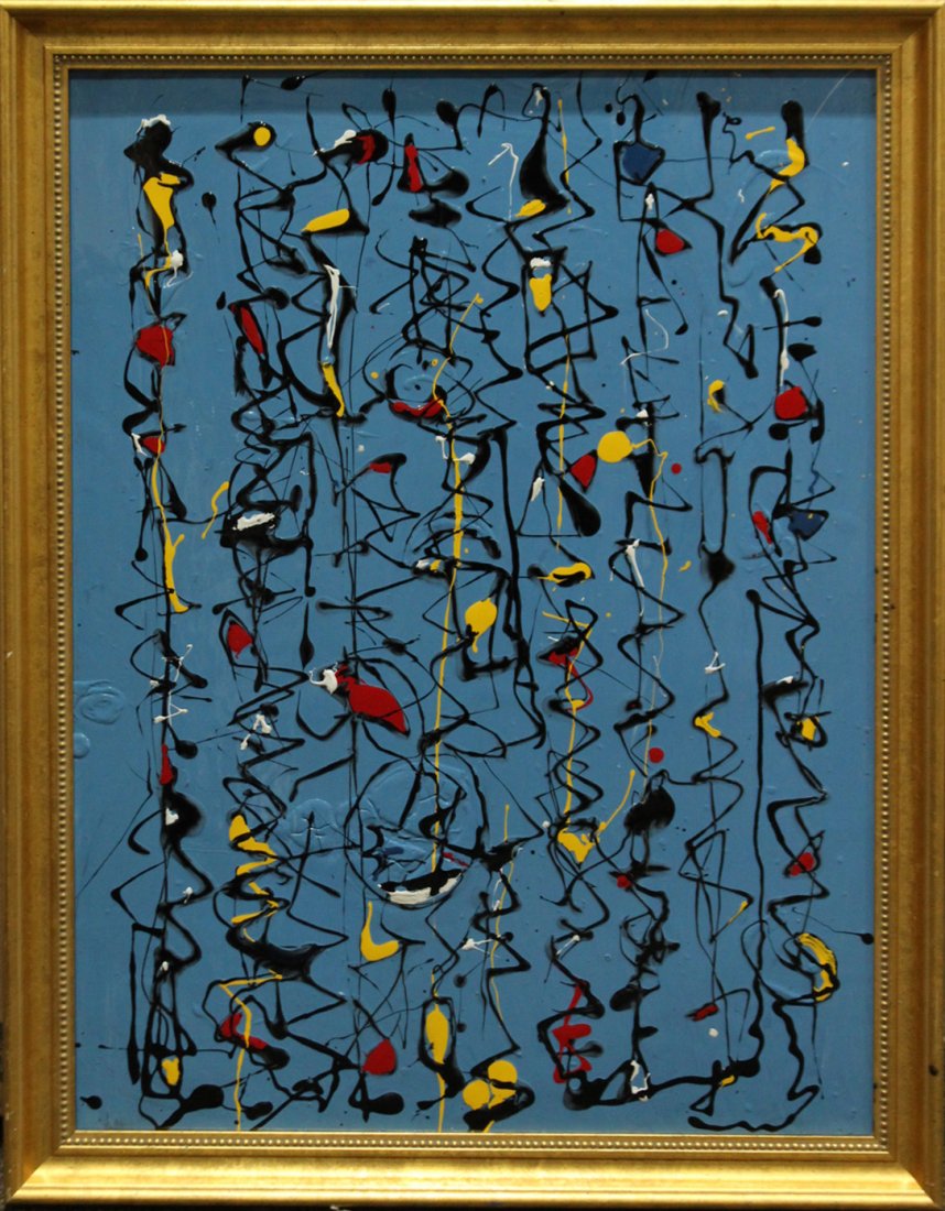 MID CENTURY MODERN DRIP ART ABSTRACT PAINTING BLUE (1 of 2)