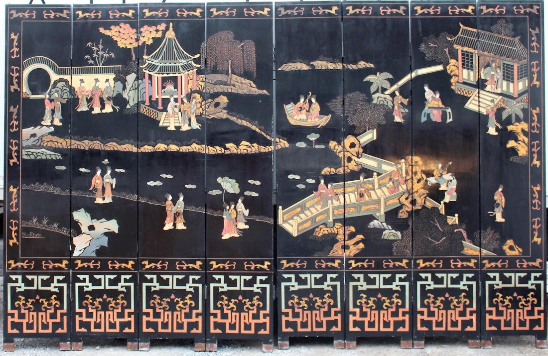CHINESE 8-PANEL FOLDING BLACK LACQUER SCREEN DECORATED (1 of 7)