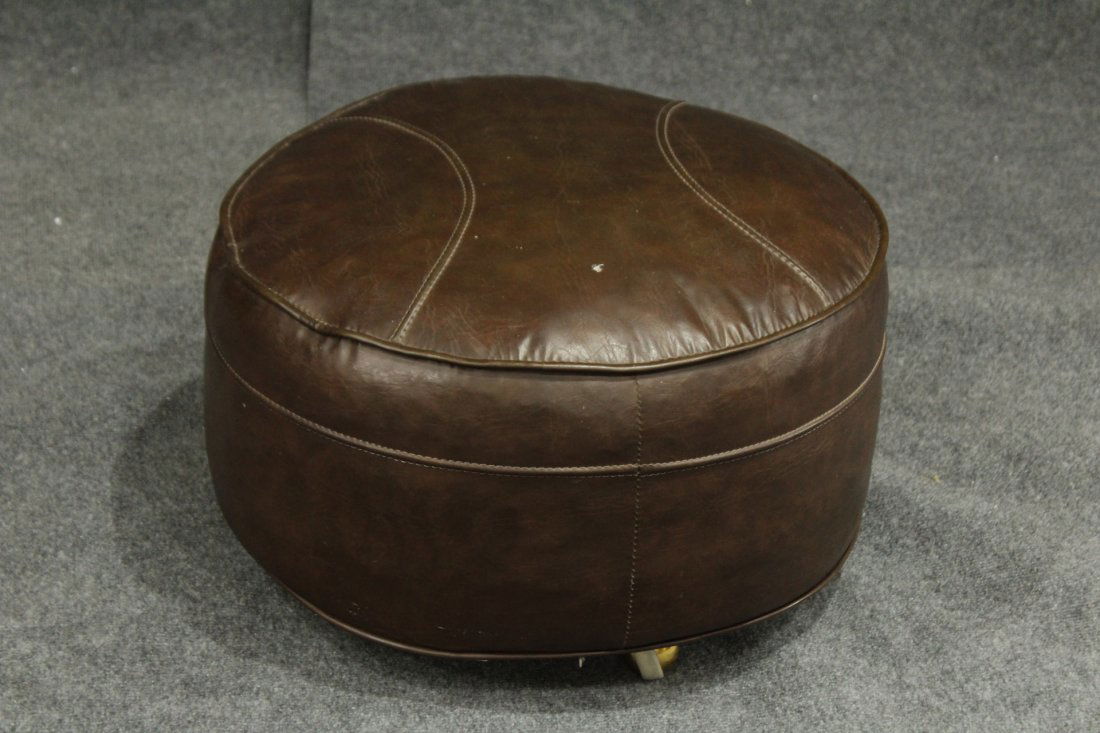 BROWN LEATHER MID CENTURY DESIGN ROUND OTTOMAN (1 of 3)