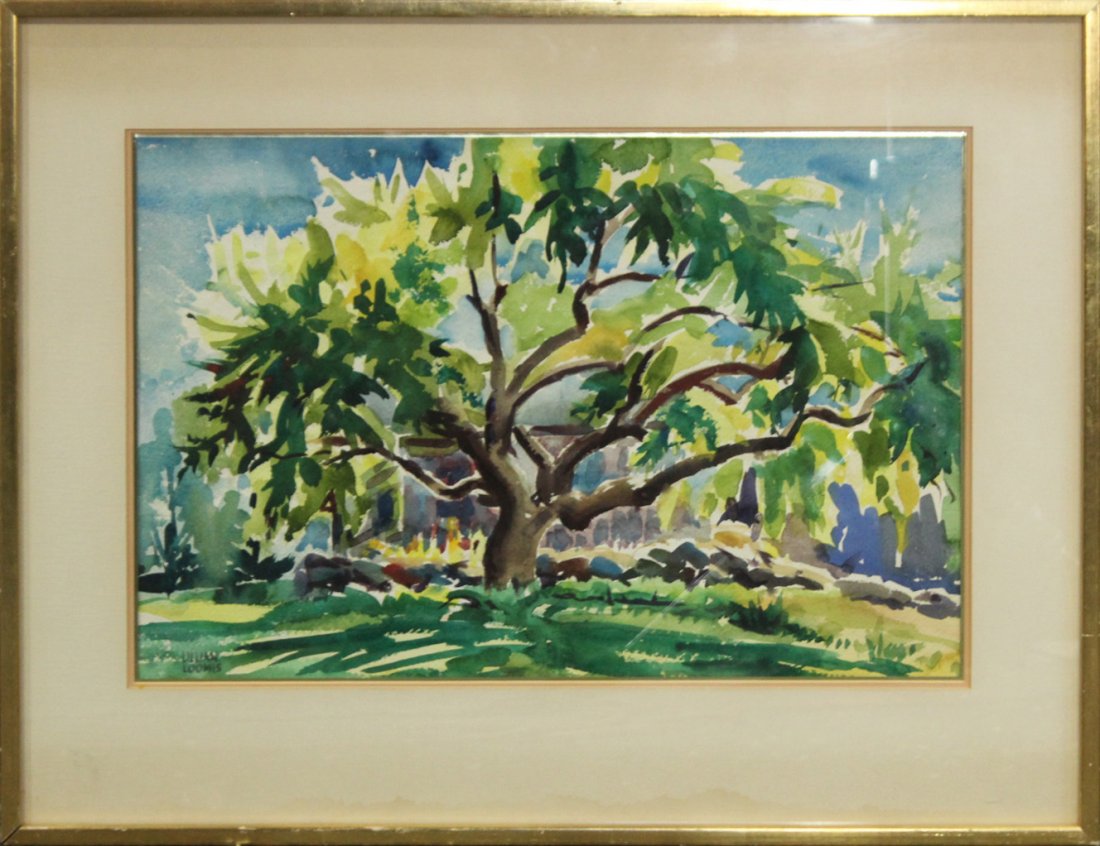 LILLIAN LOOMIS, watercolor TREE IN SUMMER LANDSCAPE (1 of 4)