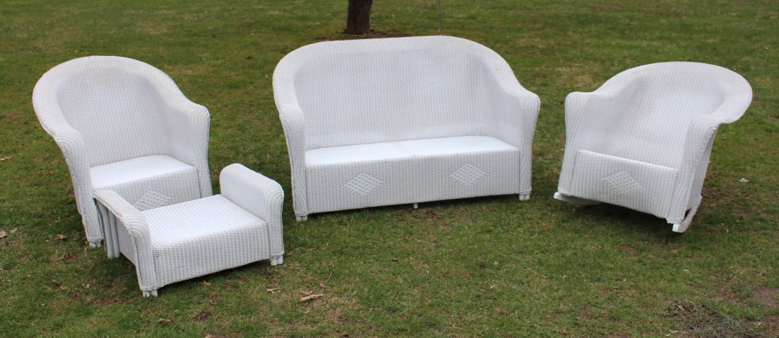 4-PIECE WHITE WICKER SET, COUCH, CHAIR, ROCKER, OTTOMAN (1 of 5)