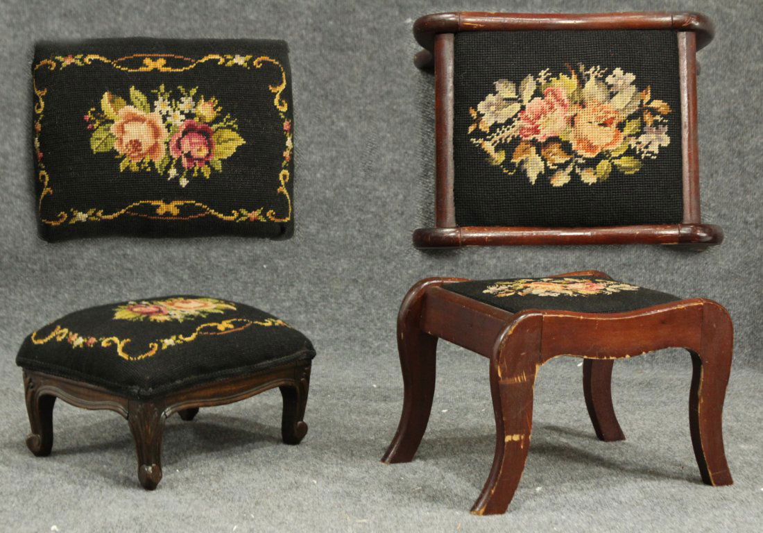 TWO [2] SMALL VINTAGE NEEDLEPOINT TOP FOOTSTOOLS (1 of 3)