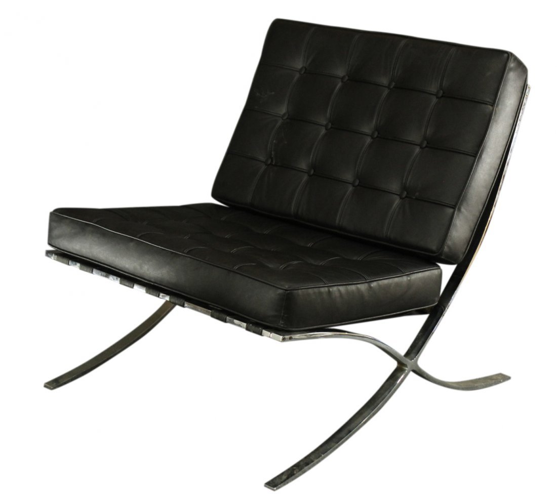 BARCELONA Chair Black Leather Miles Van Der Rhoe Style: Mies Van Der Rhoe Style: Exhibition Chair Black Leather. Chair frame is not one solid piece and is sectional, possibly Selig. Size: 29 x 29 inch frame