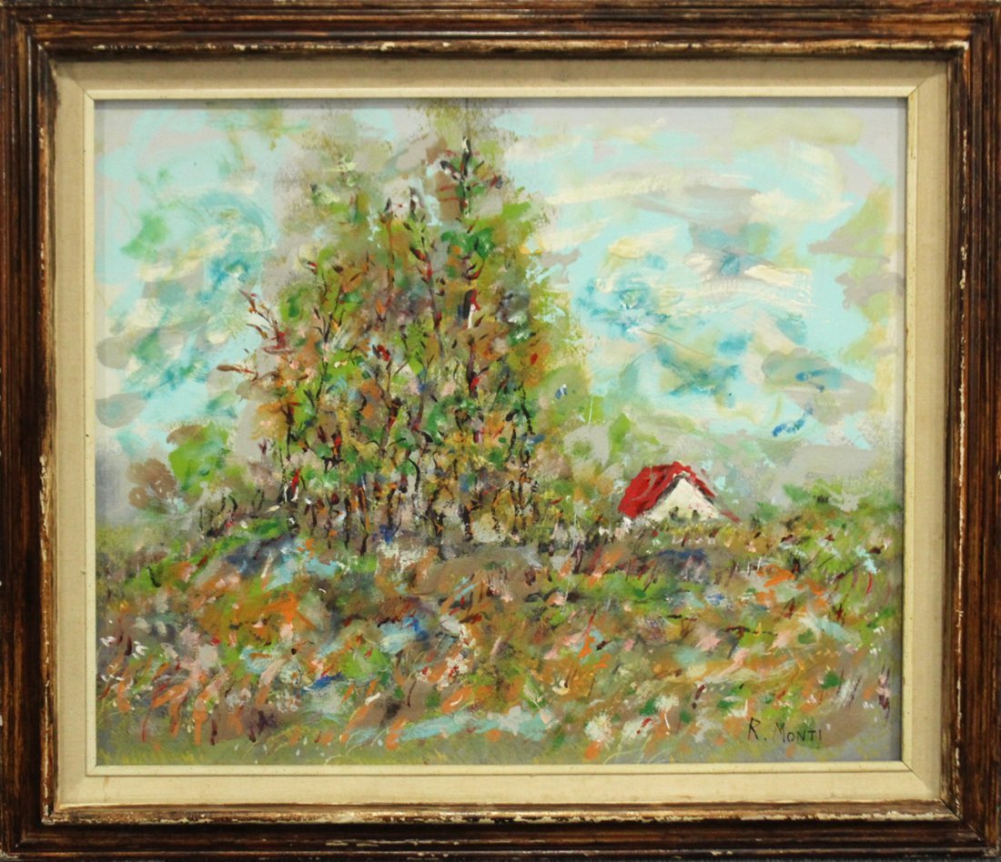 R MONTI Mid Century Modern COTTAGE IN LANDSCAPE Oil/c (1 of 6)