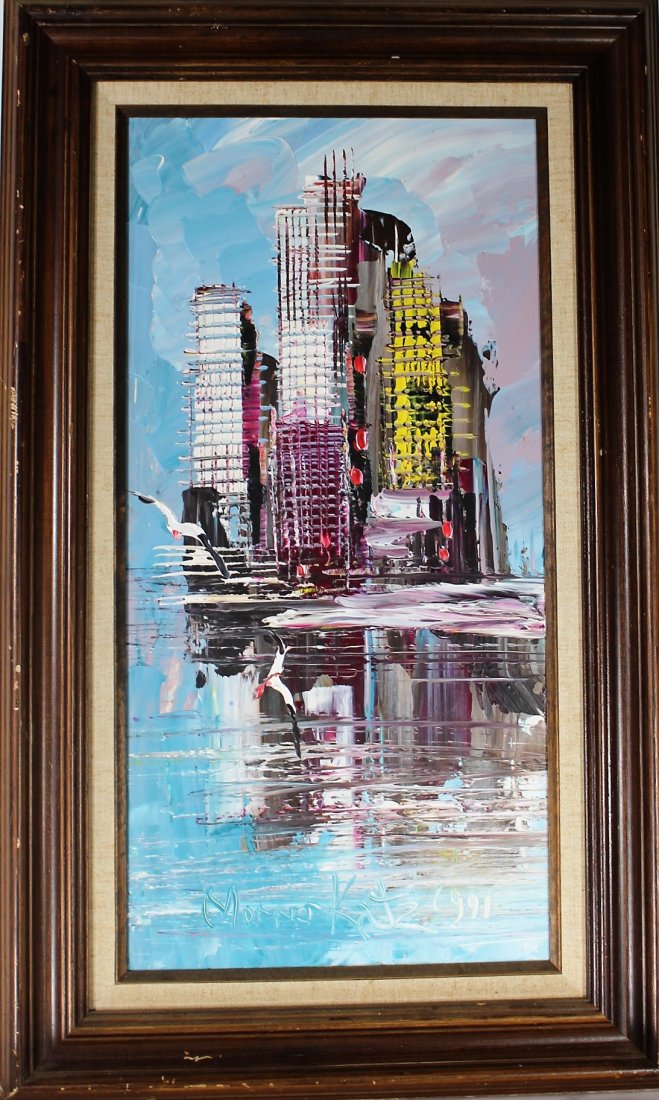 MORRIS KATZ 1991 Listed Jewish American NYC BUILDINGS: MORRIS KATZ 1991 Listed Jewish American NYC BUILDINGS.Signed and dated 1991. Well listed Artist. Acrylic on board, framed. Size: 24 in. x 12 in.; outer frame size 30.75 in. x 18.75 in.
