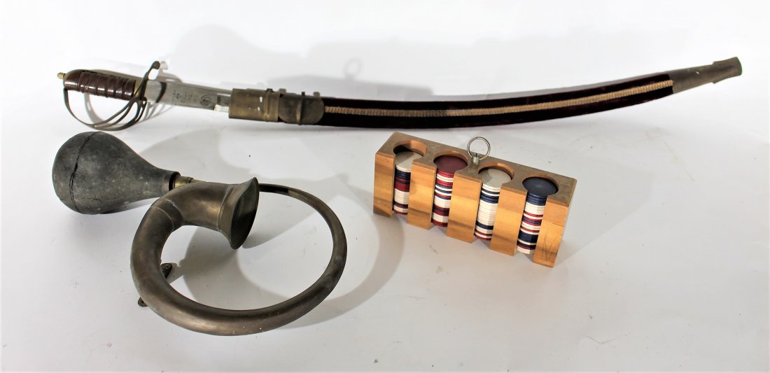 3-PIECE: SWORD W/ SHEATH , BRASS TAXI HORN, POKER CHIPS: 3-PIECE: SWORD W/ SHEATH , BRASS TAXI HORN, POKER CHIPS. Sizes range 37 in. length to 8.5 in.