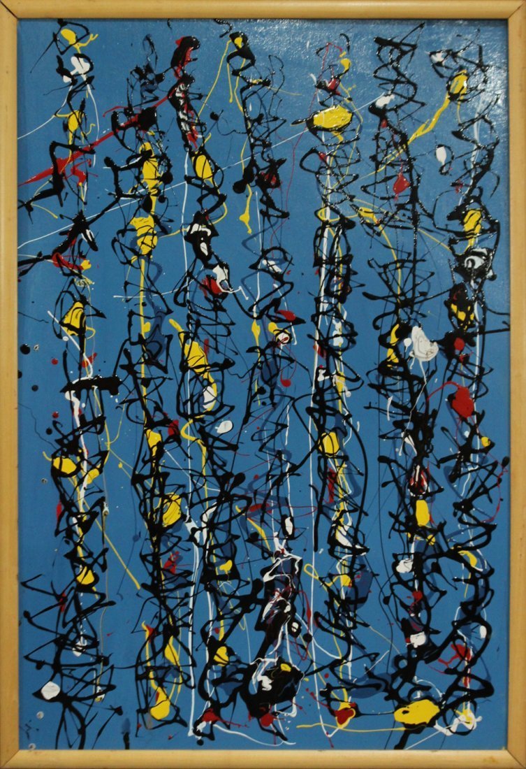 Mid Century DRIP ART ABSTRACT BLUE BACKGROUND OIL/c (1 of 4)