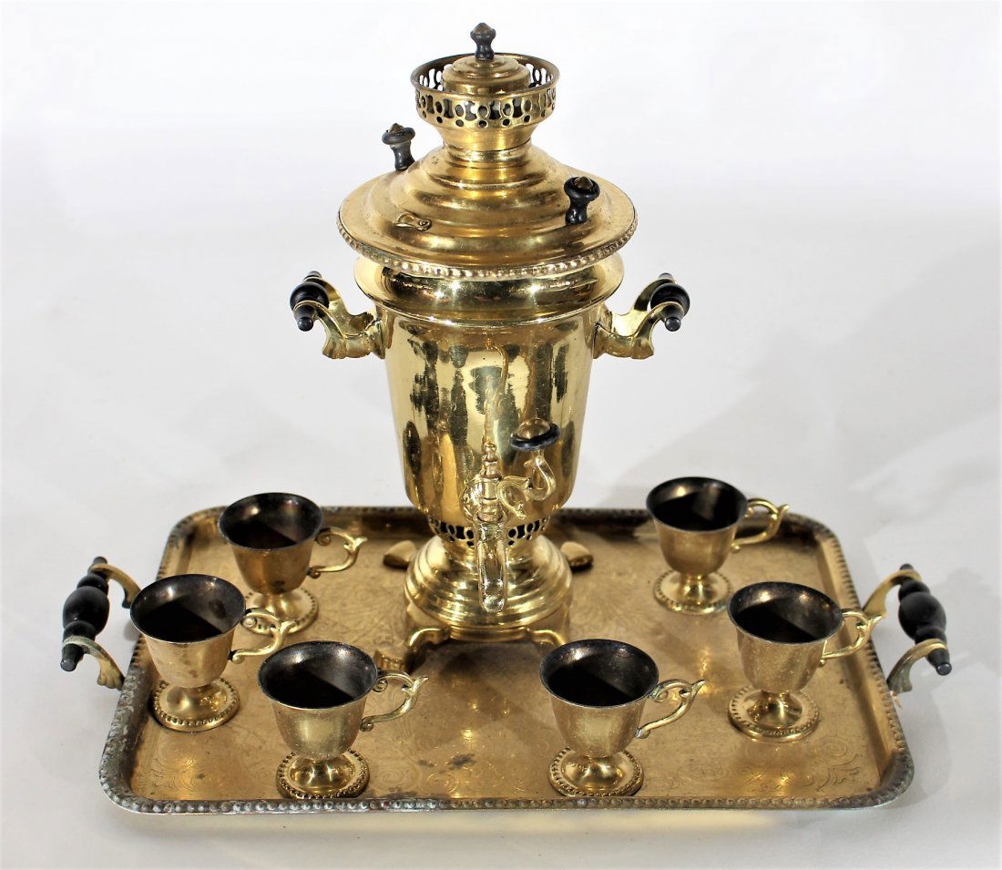 8-PIECE BRASS RUSSIAN SAMOVAR SET WITH TRAY (1 of 5)