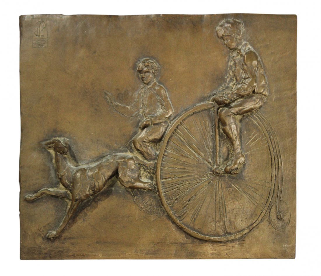 BRONZED COMPOSITION FIGURAL PLAQUE BIG WHEEL BICYCLE (1 of 3)