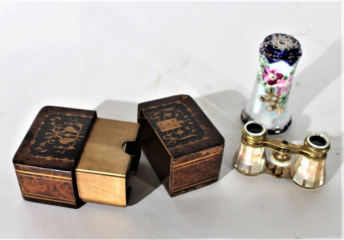 3-Piece Grouping, INLAID CARD HOLDER, HAT PIN, OPERA GL: 3-Piece Grouping, INLAID PLAYING CARDS HOLDER, PORCELAIN HAT PIN HOLDER, OPERA GLASSES WITH MOTHER OF PEARL.Sizes range from 2 in. wide to 5 in. wide.