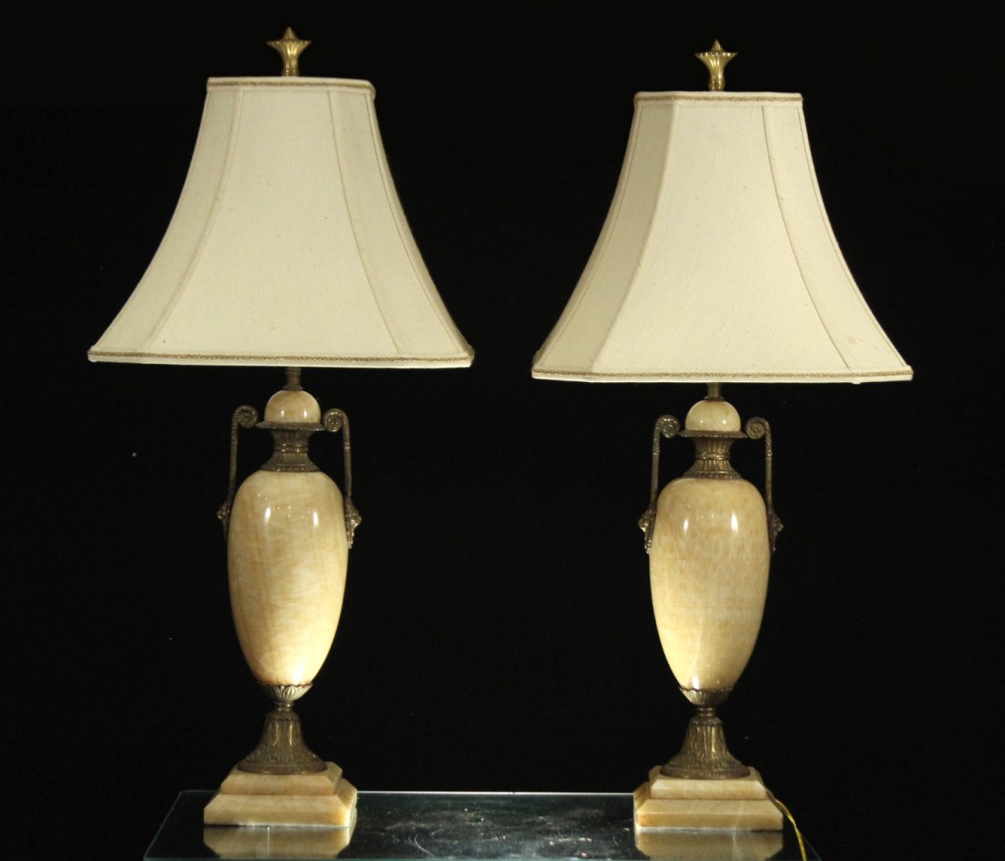 Pair of French marble lamps with silk shades (1 of 8)