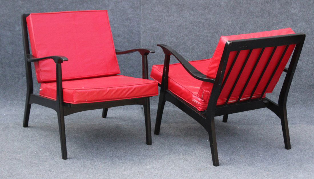 PAIR MID CENTURY DANISH DESIGN ARM CHAIRS RED UPHOLSTER (1 of 7)